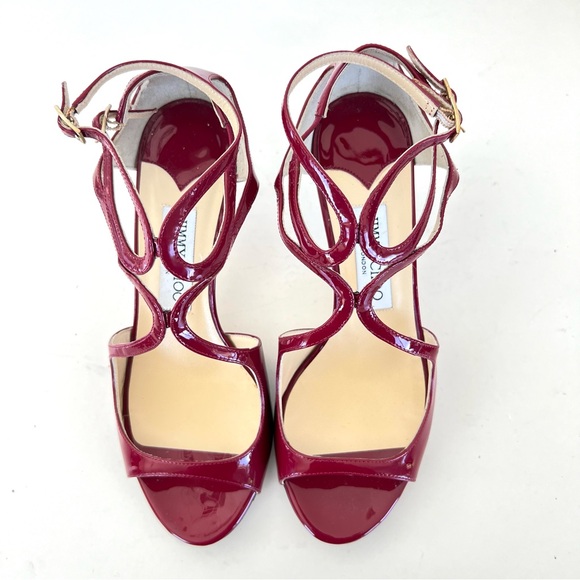 JIMMY CHOO Ivette Burgundy Patent Leather Double Side Buckle Heel Sandals Sz 37 - Picture 6 of 11